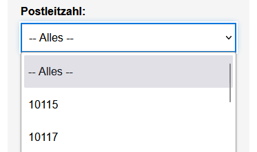 Nach dem Titel des Formularfelds wird ein Doppelpunkt angezeigt. In der nächsten Zeile folgt das einzeilige Auswahlfeld als aufklappbare Liste. Die Liste ist aufgeklappt und zeigt die ersten 3 Einträge.