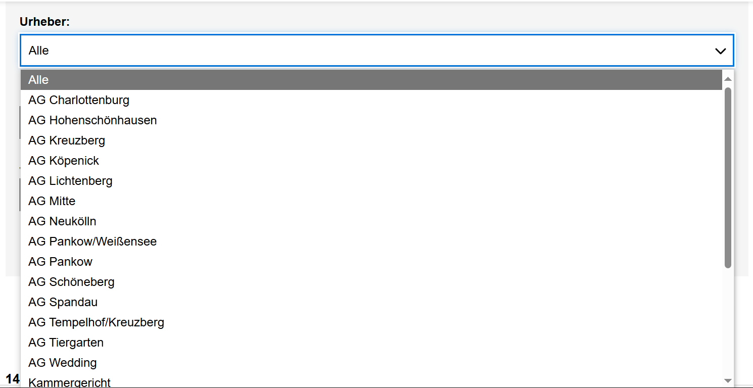 Die Auswahlliste "Urheber" mit den ersten Einträgen der verschiedenen Amtsgerichte in alphabethischer Reihenfolge ist zu sehen.