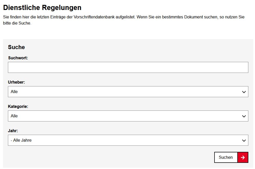 Der Seitentitel "Dienstliche Regelungen", ein kurzer Einführungstext und eine Suchmaske sind zu sehen. In der Suche werden die Felder "Suchwort", "Urheber", "Kategorie" und "Jahr" angezeigt. Danach folgt rechts der Button "Suchen".