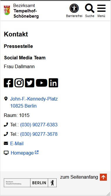 Kontaktinformation mit Überschrift, kurzem Text, "Social Media"-Icons, verlinkter Adresse, Raumangabe, zwei verlinkten Telefonnummern, verlinkter E-Mail und Homepage sind am Ende vom Content zu sehen.