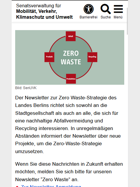 Beispiel der Newsletter-Übersichtsseite in der mobilen Ansicht. Unter dem Header-Bild findet man einen Erklärungstext zum Newsletter und einen Link zur Anmeldeseite des Newsletters.