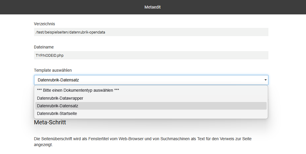 Datenrubrik - Templateauswahl: Es stehen folgende Templates zur Verfügung: Datenrubrik-Datawrapper, Datenrubrik-Datensatz und Datenrubrik-Startseite.