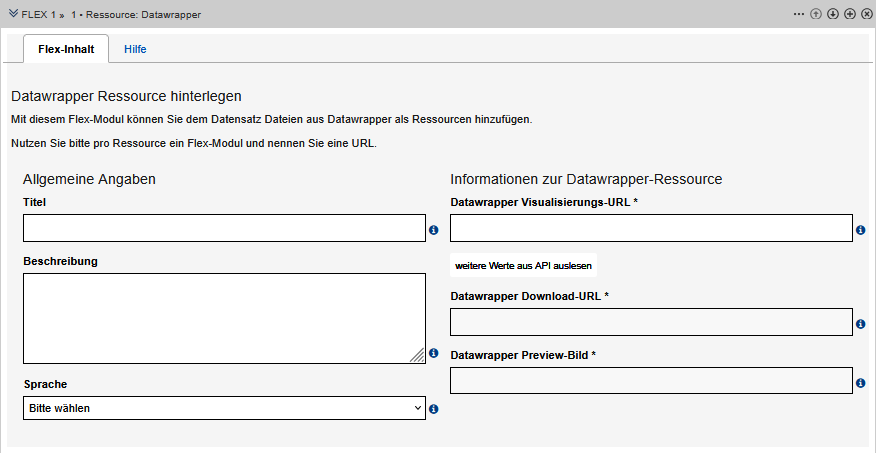Formular für die Daten eines Datawrappers, Felder sind im Text beschrieben.