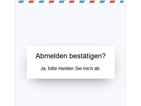 Seite "Abmelden bestätigen?" mit einem Link "Ja, bitte melden Sie mich ab."