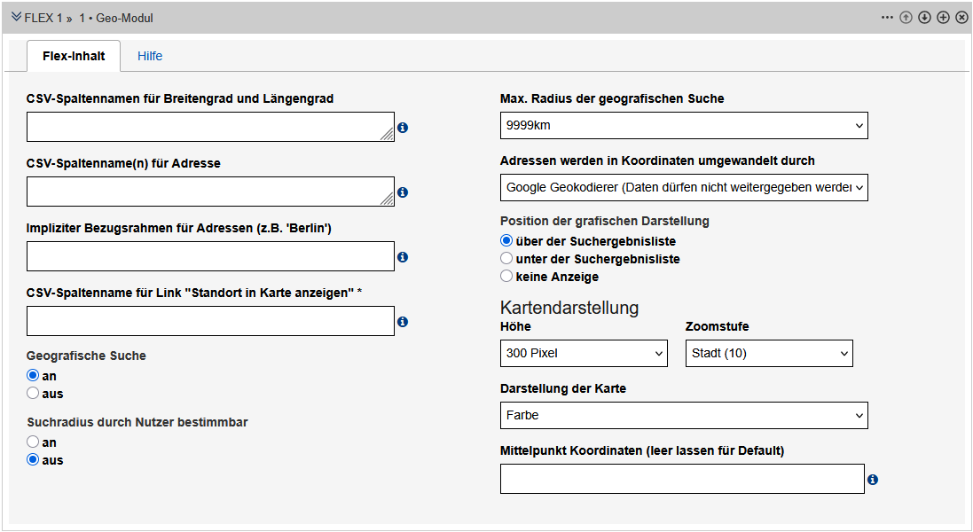 SimpleSearch-Geo-Modul in der Bearbeitungsansicht. Die Felder werden im Text erklärt.