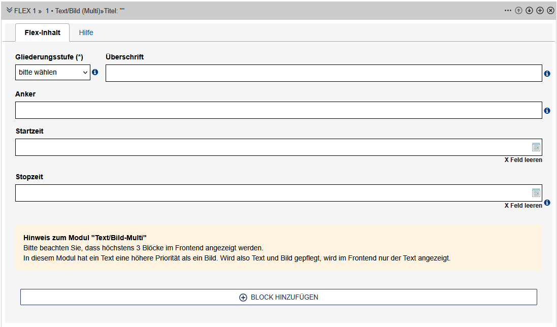 Einrichtungsformular für das Flex-Moduls Text/Bild - Multi, die Felder sind im Text beschrieben.