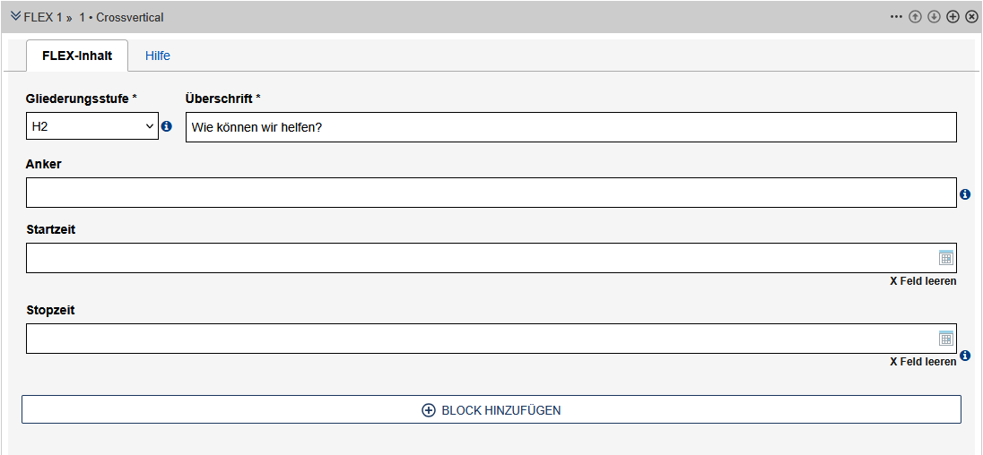 Formular für die Erstellung eines Crossvertical Includes, die Felder sind im Text beschrieben.