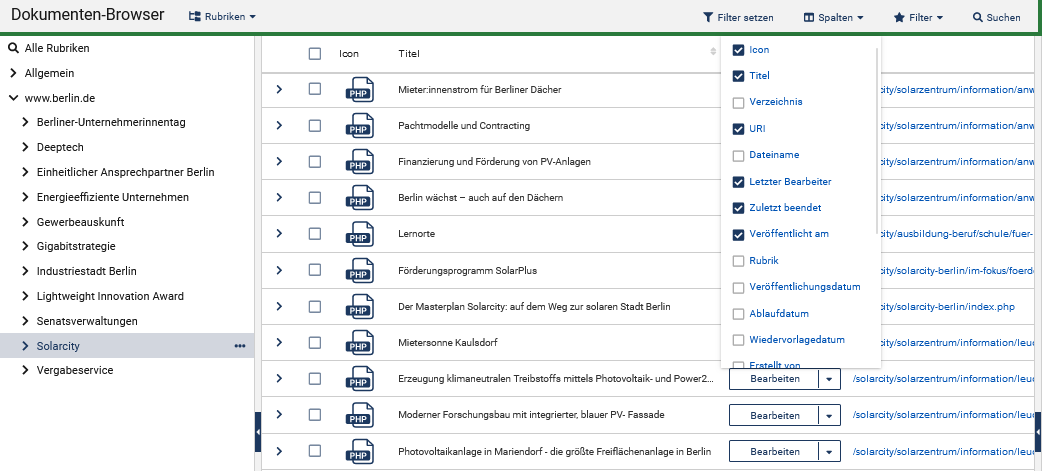 Dokumenten-Browser mit der Baumstruktur links und den Seiten rechts. Bei den Optionen oben rechts ist das Menü "Spalten" aufgeklappt und zeigt alle möglichen Spalten an. Bereits eingefügte Spalten sind angehakt, nicht aktive Spalten können mit einem Haken eingefügt werden.