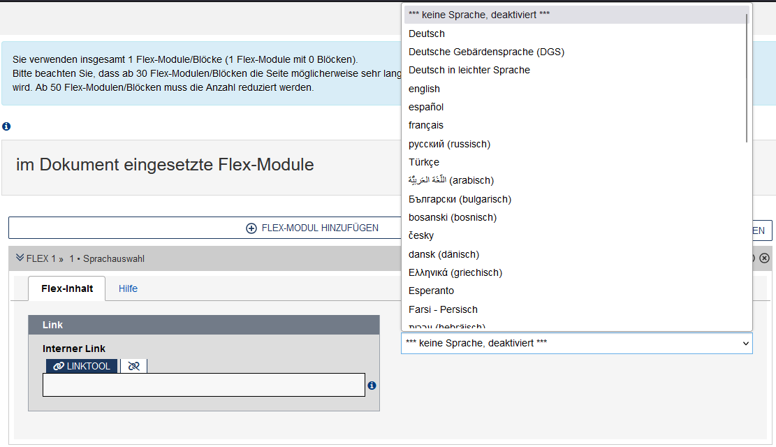 Formular mit großem Auswahlfeld zur Auswahl von Sprachen und einem Feld für eine Verlinkung