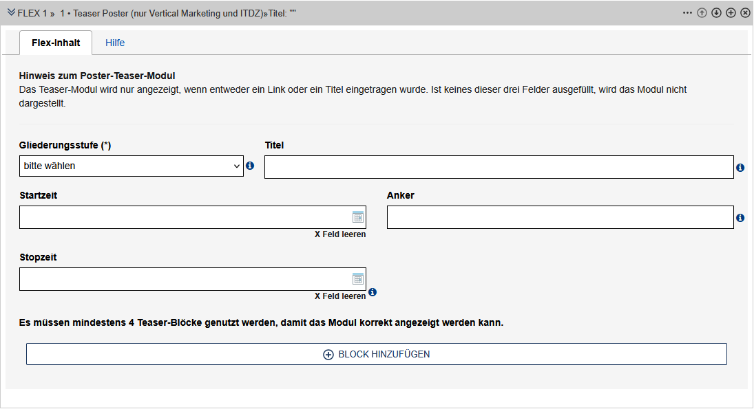 Teaser Poster im Edit mit den unten beschriebenen Feldern