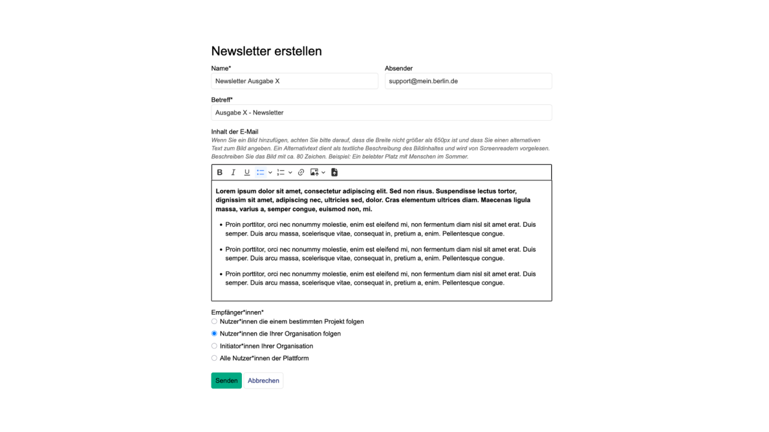 Ansicht der Newsletter Funktion vor dem Verschicken