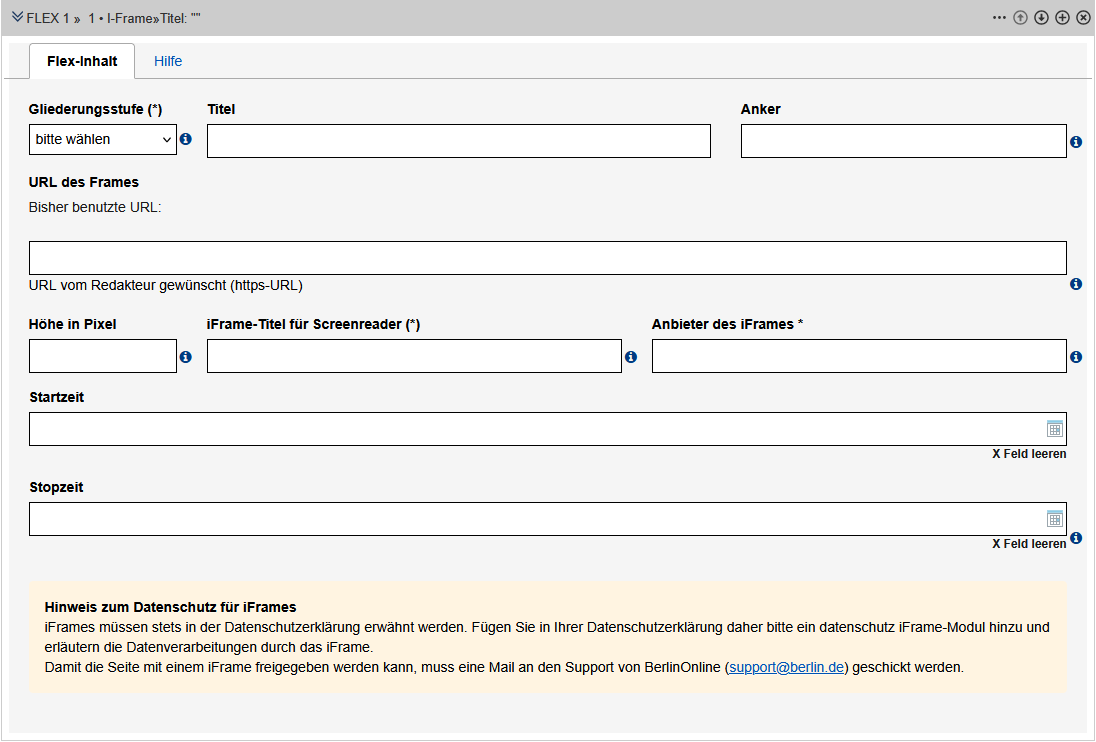 iFrame-Modul im Edit, ohne Inhalte, die Felder sind im Text beschrieben