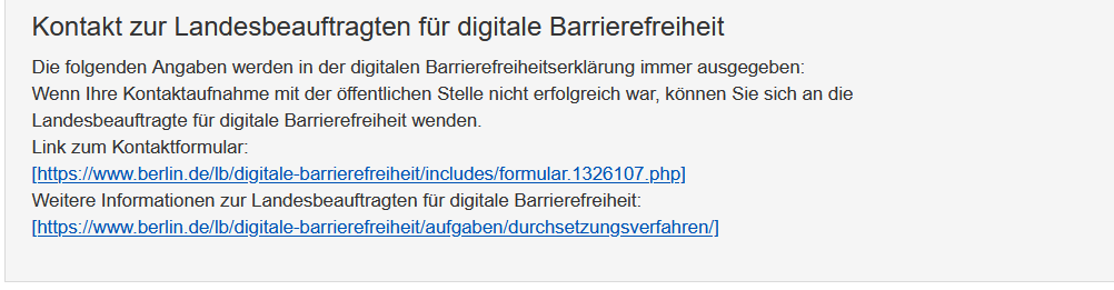 Barrierefreiheitserklärung - Reiter "Allgemeine Angaben" mit Informationen zum Kontakt zur Landesbeauftragten. Es gibt keine wählbaren Optionen.
