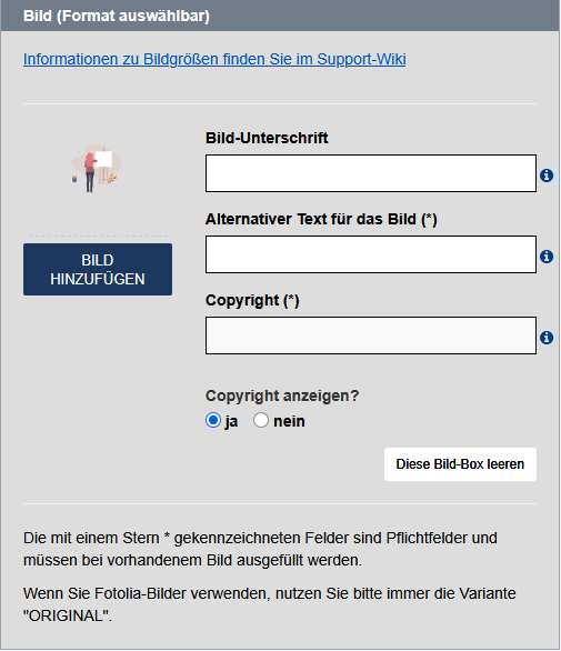 leere Bild-Box mit einem Link zur Wiki-Seite mit Bildgrößen als Erstes, darunter der Button "Bild hinzufügen", rechts daneben befinden sich die Felder "Bildunterschrift", "Alternativer Text für das Bild" und "Copyright" sowie die Auswahl zur Anzeige des Copyrights, rechts unten ist ein weiterer Button "Diese Bild-Box leeren", darunter folgt ein Abschnitt mit Informationen.
