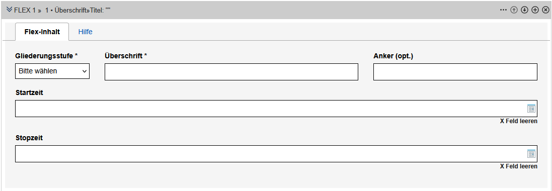 Formular zur Einrichtung einer Überschrift. Die Felder sind im Text beschrieben.