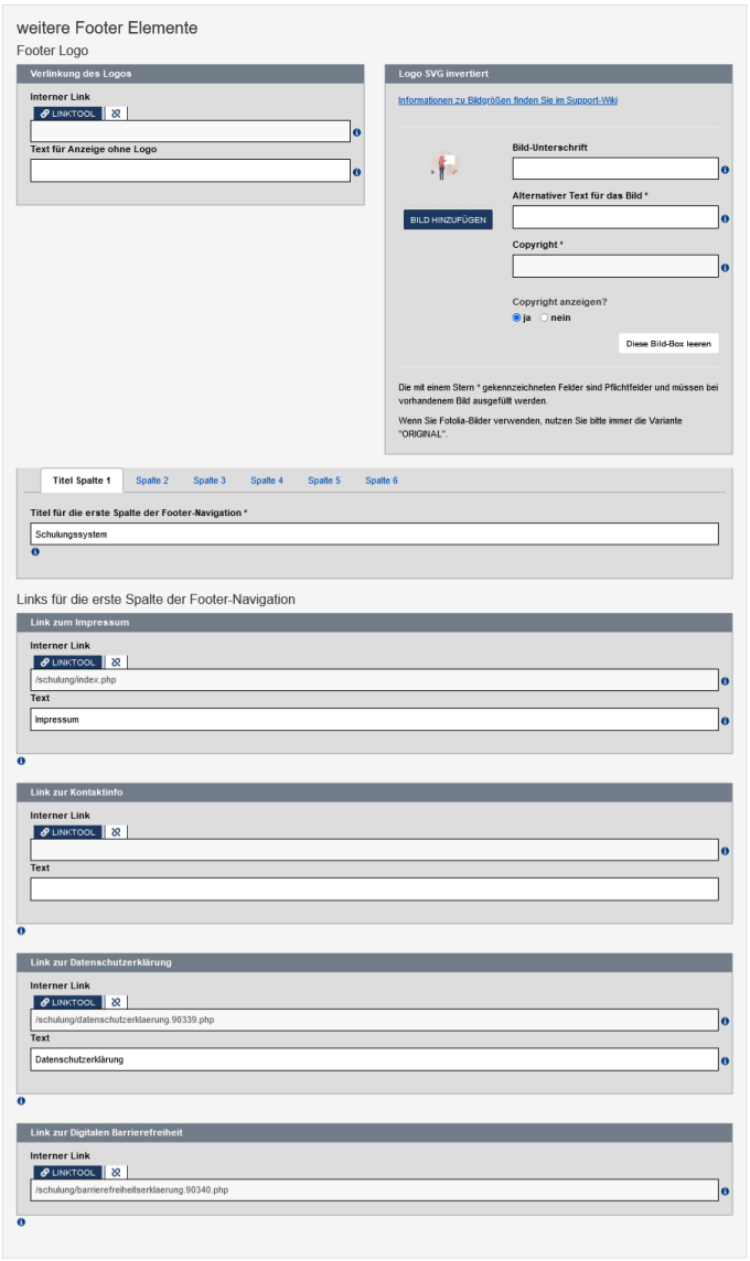 Formular für die verschiedenen Links der Fußzeile