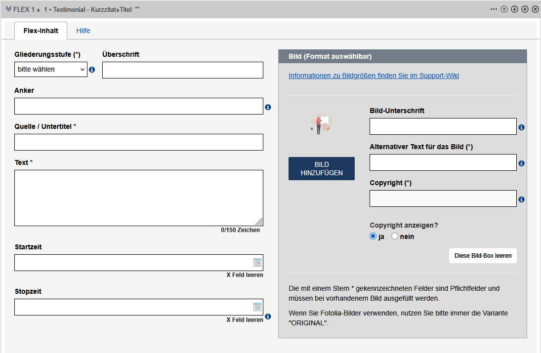Formular zur Erstellung des Testimonials, die Felder werden im Text beschrieben.