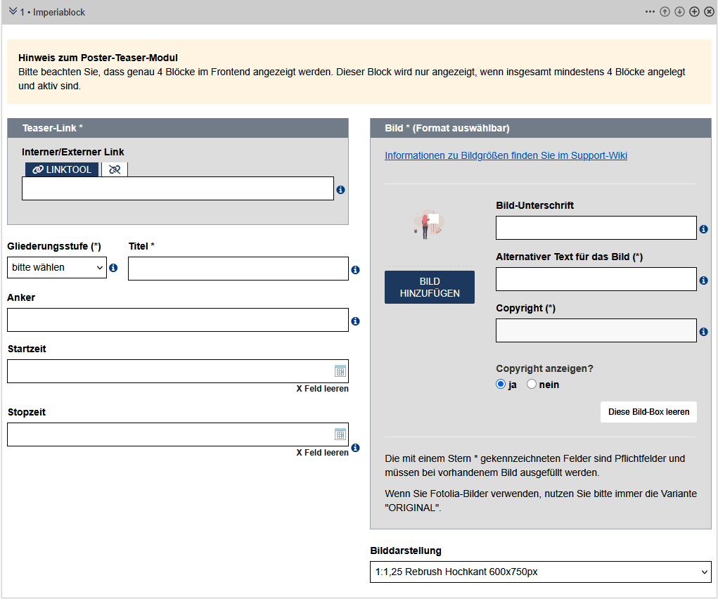 Teaser Poster im Edit - Block hinzufügen, Formularfelder wie unten beschrieben