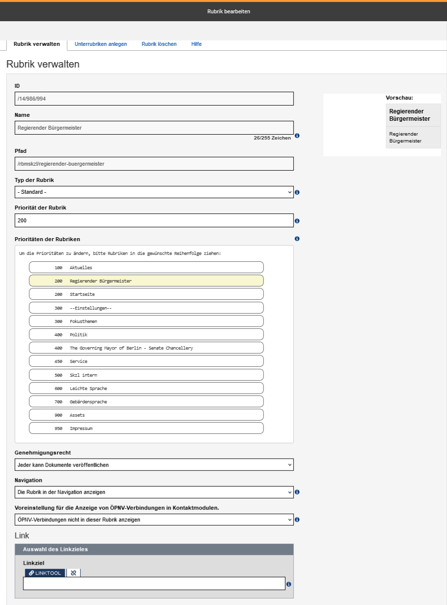 Rubrikenformular mit dem ersten aktiven Reiter "Rubrik verwalten", dessen Felder im Text erklärt werden. Weitere Reiter sind "Unterrubriken anlegen", "Rubrik löschen" und "Hilfe".