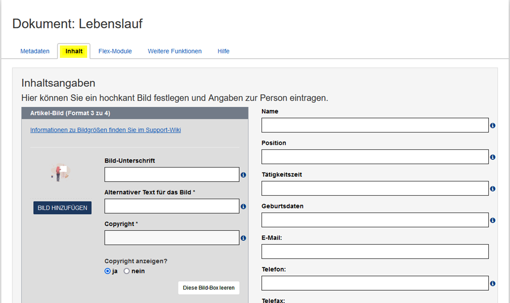 Formular zum Hinzufügen eines Porträts und der Basisdaten für den Lebenslauf