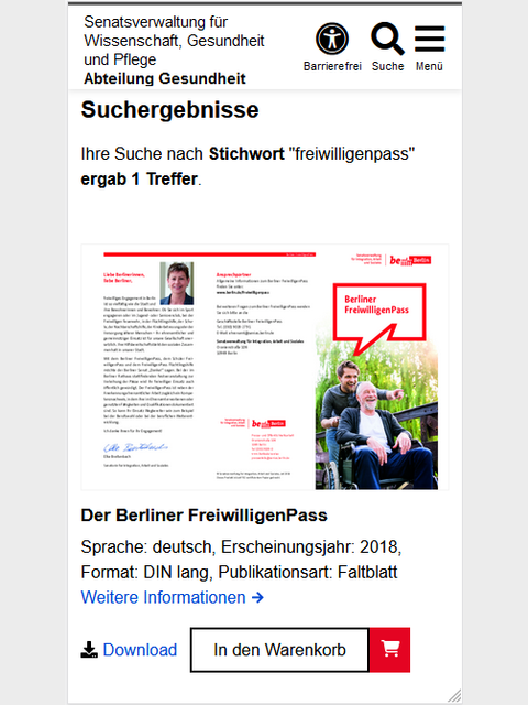 Suchergebnisse als Ausschnitt der Publikationsdatenbank mit der Überschrift "Suchergebnisse". Es folgt ein Satz mit der Anzeige der gewählten Suchoptionen und der Anzahl der Suchergebnisse. Als Ergebnis der Suche wir zuerst ein Bild der Publikation gefolgt vom Titel, einigen Informationen sowie einem "Weitere Informationen" Link angezeigt. Darunter befindet sich links ein Link "Download" und rechts davon ein Button "In den Warenkorb".