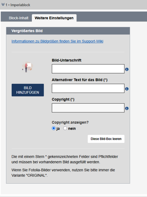 Formular zum Hinzufügen eines vergrößerten Bildes. Die Felder sind im Text erläutert