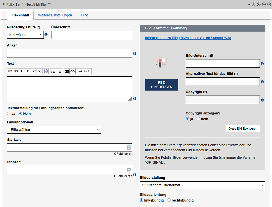 Formular zur Einrichtung des Flex-Moduls "Text/Bild" - Reiter "Flex-Inhalt", Felder werden im Text beschrieben