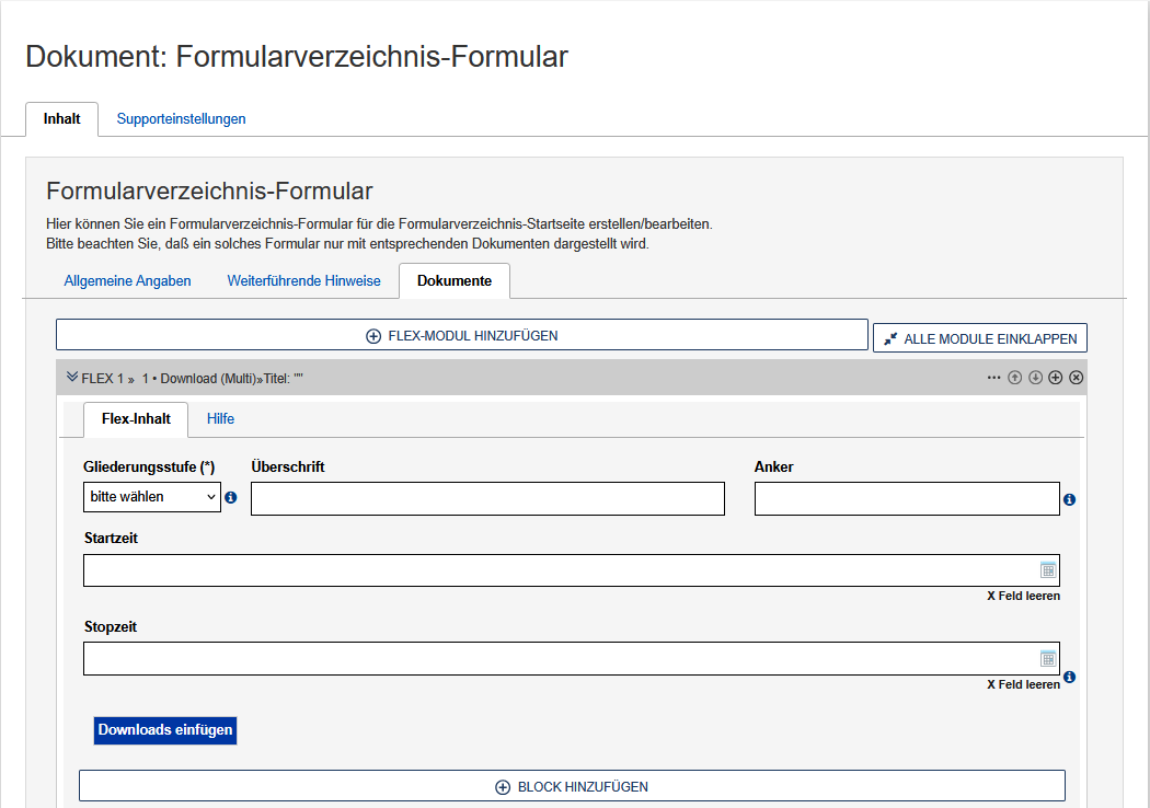 Bearbeitungsansicht des Formularverzeichnis-Formulars mit dem Reiter "Dokumente"