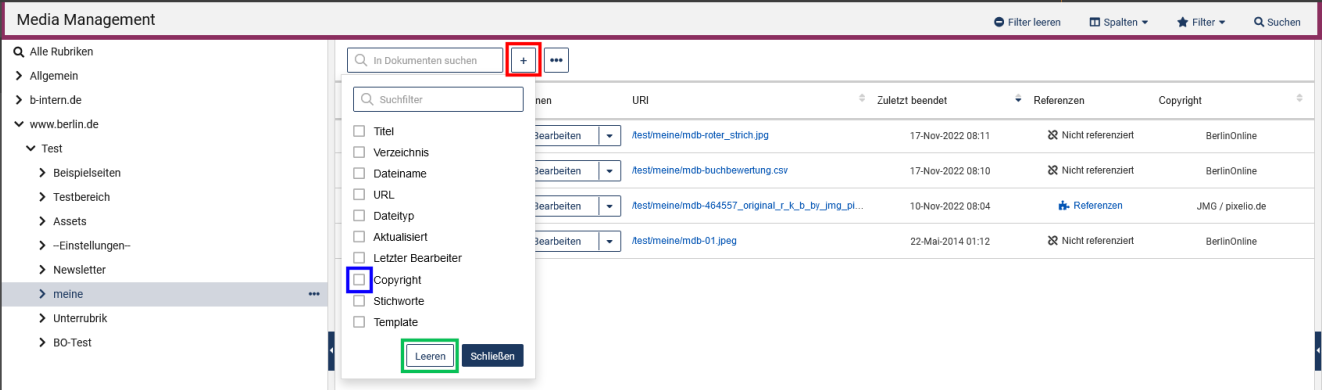 MAM mit Rubrikenbaum links und Assets rechts, über den Assets auf der linken Seite ist das Suchfeld für die Stichwortsuche zu sehen, das Plus-Symbol rechts daneben ist rot umrahmt, das Menü vom Plus ist offen und es sind die Filter nach einzelnen Feldern zu sehen, die Checkbox für "Copyright" ist blau umrahmt, am Ende gibt es die Buttons "Leeren" (grün umrahmt) und "Schließen"