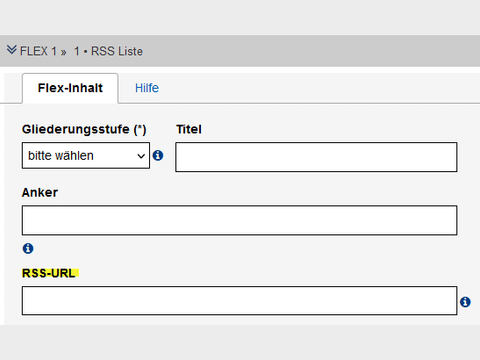 Ausschnitt aus dem Formular zur RSS-Liste, mit Gliederungsstufe, Titel, Anker und RSS-URL.