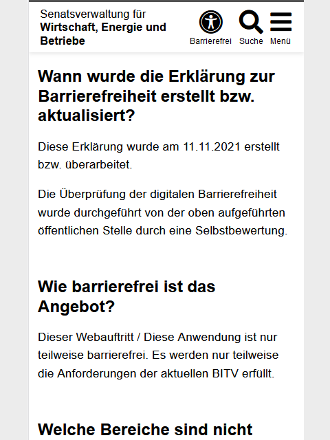 Die Barrierefreiheitserklärung im Vertical Organisation in der mobilen Ansicht der Seite der SenWEB.