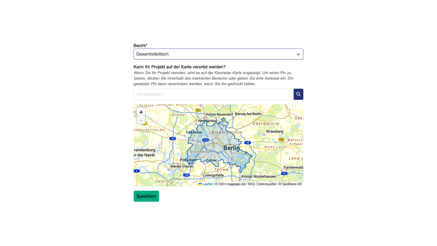 Ansicht der Karte für die Lokalisierung eines Projekts