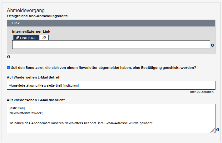 Textfelder für Bestätigungsmail und Link wenn sich Abonennt*innen erfolgreich abgemeldet haben