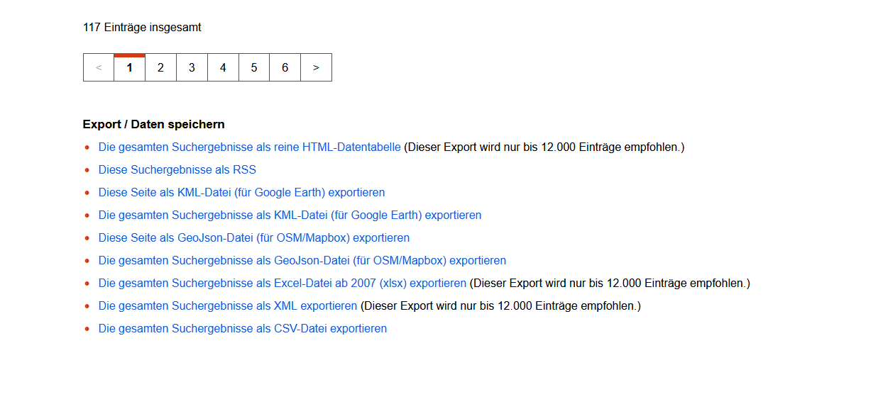 Ausschnitt aus dem Ergebnis einer SimpleSearch: Zu sehen ist die Paginierung der Suchergebnisse und die Exporte der SimpleSearch bei Nutzung des Geo-Moduls