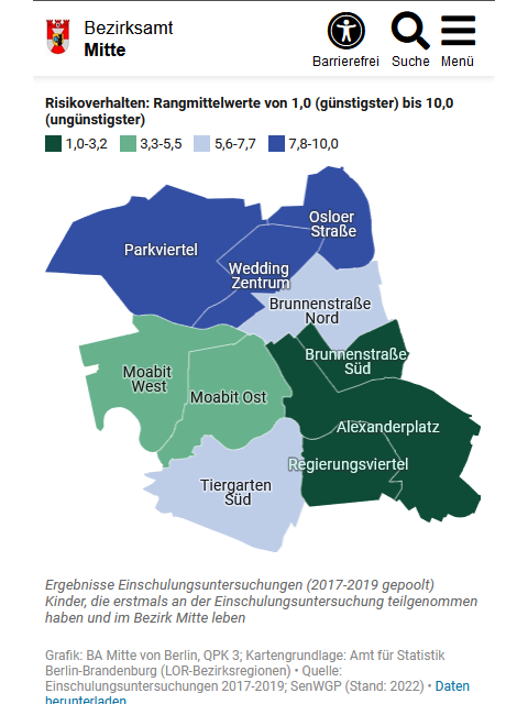 Karte der verschiedenen Kieze in Mitte, die farblich unterschiedlich gekennzeichnet sind und die Anzahl der Kinder widerspiegelt, die erstmals an der Einschulungsuntersuchung teilgenommen haben. Unterhalb der Karte wird der Inhalt der Karte beschrieben und die Quelle genannt.