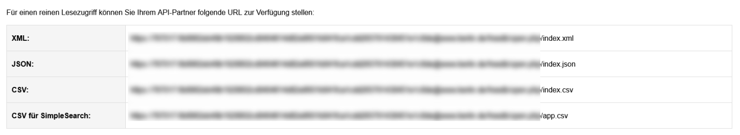 unkenntlich gemachte URLs zur Leseschnittstelle für XML, JSON, CSV und CSV für SimpleSearch