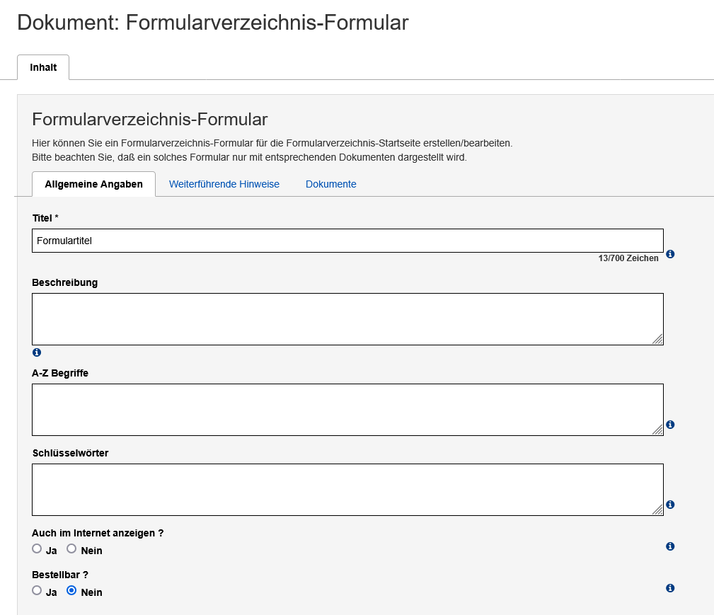 Bearbeitungsansicht des Formularverzeichnis-Formulars mit dem Reiter "Allgemeine Angaben"