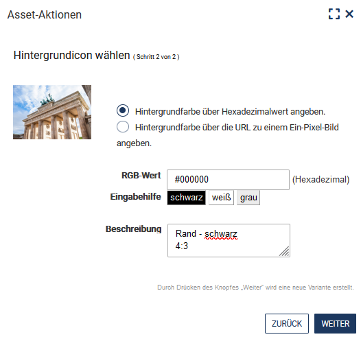 Das Bild in klein ist links zu sehen, rechts daneben befindet sich zuerst die Auswahl zwischen "Hintergrundfarbe über Hexadezimalwert angeben" oder "Hintergrundfarbe über die URL zu einem 1-Pixel-Bild angeben", danach folgt das Feld "RGB-Wert" für den Farbcode, darunter sind die Buttons "schwarz", "weiß" und "grau" als Eingabehilfe für diese Farben zu sehen, danach folgt das Feld "Beschreibung", unten rechts befinden sich die Buttons "Zurück" und "Weiter"