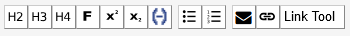 Icons für Textile-Befehle: Überschriften 2., 3. und 4. Ordnung, Fettdruck, hoch- und tiefgestellter Text, bedingtes Trennzeichen, Liste und numerierte Liste, dazu E-Mail-Verlinkung, Links und das Link Tool