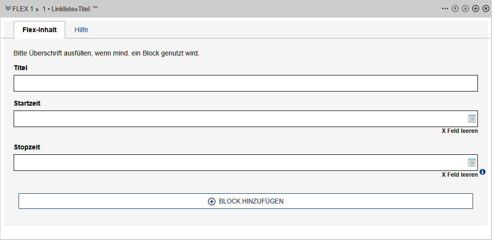 Formular für die Linkliste einer beliebigen Spalte im Auftrittsfooter