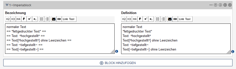 Auszug aus dem Edit, ein Block der zweispaltigen Liste links vorgenannte Befehle mit doppelten Gleichheitszeichen vorne und hinten, rechts ohne Anführungszeichen. Die Ergebnisse werden im vorigen Modul deutlich..