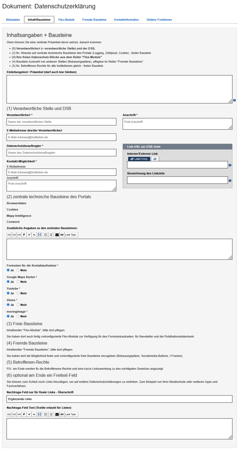 Datenschutzerklärung: Formular für den Reiter "Inhalt und Bausteine"