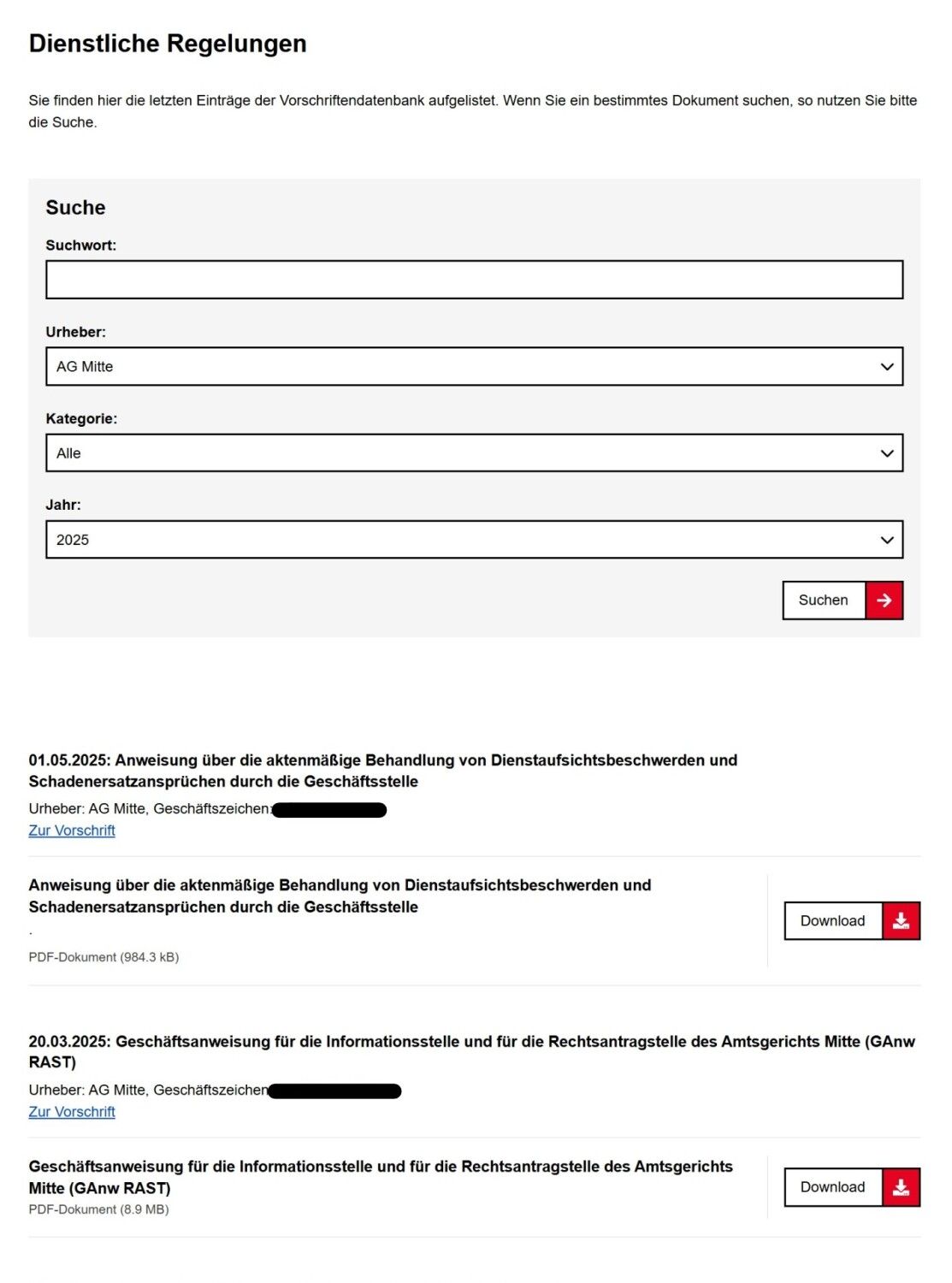 Zu sehen ist die Suchmaske mit der Wahl nach dem Urheber "AG Mitte" und dem Jahr "2025". Darunter werden 2 Treffer mit jeweils einer Überschrift, dem Urheber "AG Mitte", dem Geschäftszeichen (geschwärzt), dem Link zur Vorschrift und Angaben zum Download inkl. Button zum Herunterladen angezeigt.