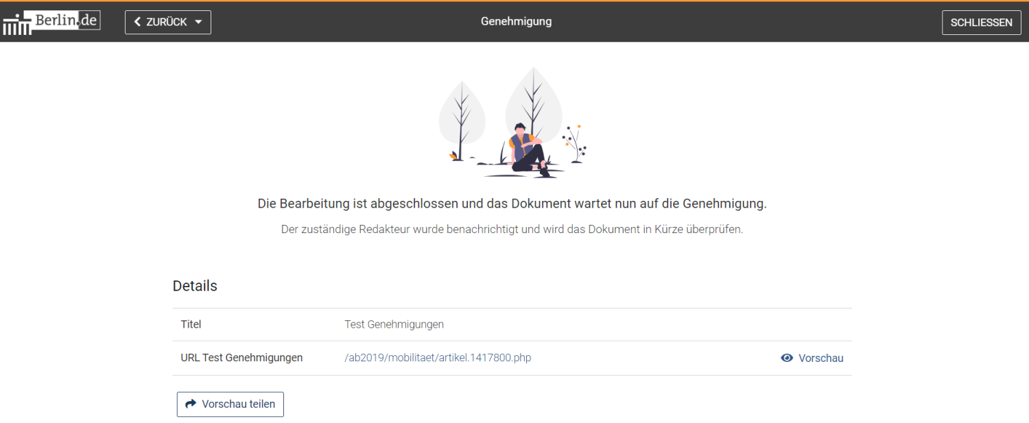 Die Genehmigungsseite zeigt den Status "Dokument wartet auf Genehmigung" und darunter den Seitentitel sowie die URL. Danach kann mit einem Button die "Vorschau" aufgerufen werden. Die Seite kann mit "Schließen" oben rechts verlassen werden.