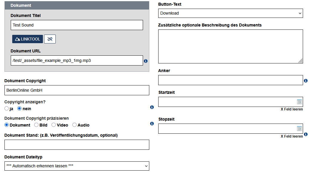 Block des Download-Multi-Moduls mit den eingefügten Informationen "Dokument Titel", "Dokument URL" und "Dokument Copyright" vom Asset sowie weitere Optionen, die auf der Seite vom Download-Multi-Modul näher erklärt werden