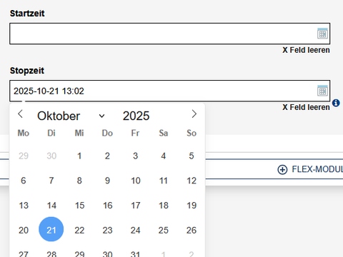 Start- und Stop-Feld untereinander mit geöffnetem Date-Picker zur Wahl von Datum und Uhrzeit