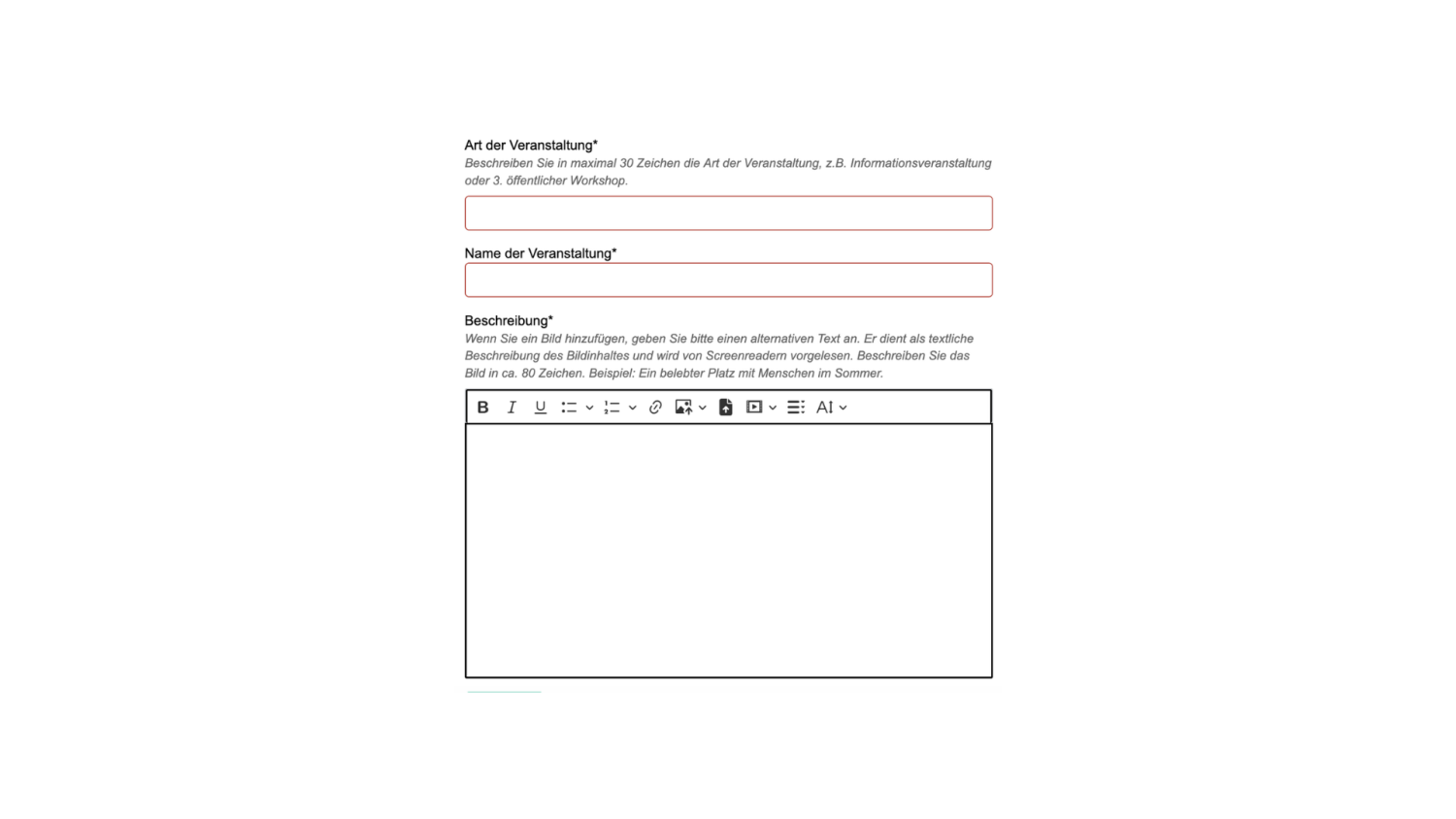 Ansicht des Veranstaltungs Moduls