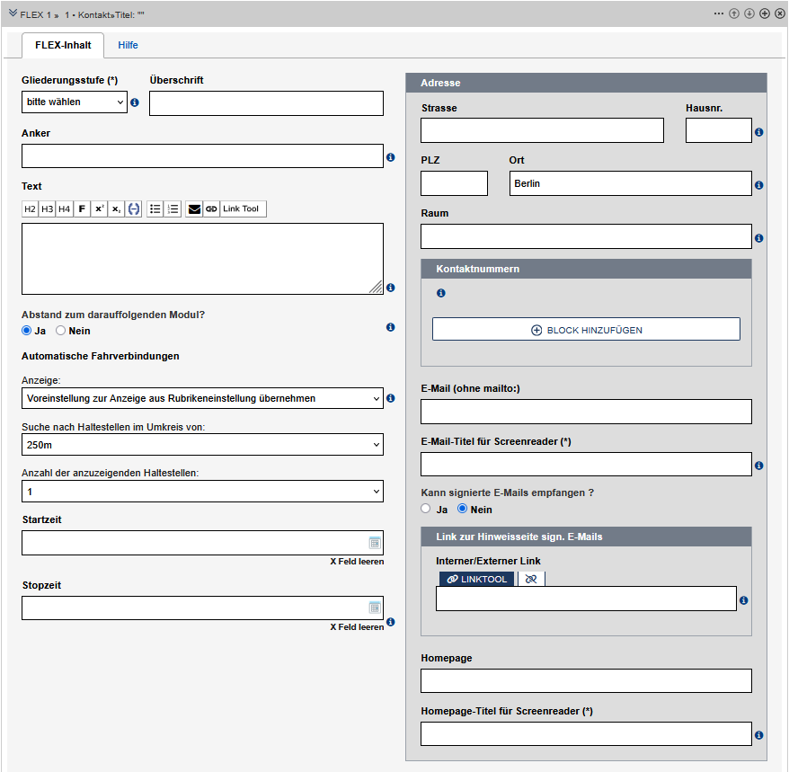 Der Editierbereich eines Dokumentes ist in der Spalte "Kontaktinformation" geöffnet. Die Optionen sind im Text erklärt.