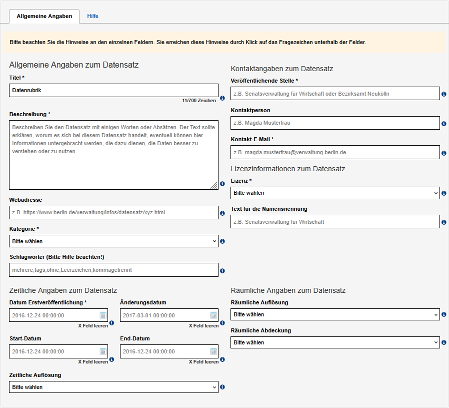 Das Formular für die Metadaten-Felder. Die Felder sind im Text beschrieben.