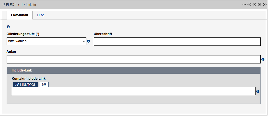 Formular des Moduls "Include" zum Einbinden eines Kontakt-Inkludes, die Felder sind im kText beschrieben.